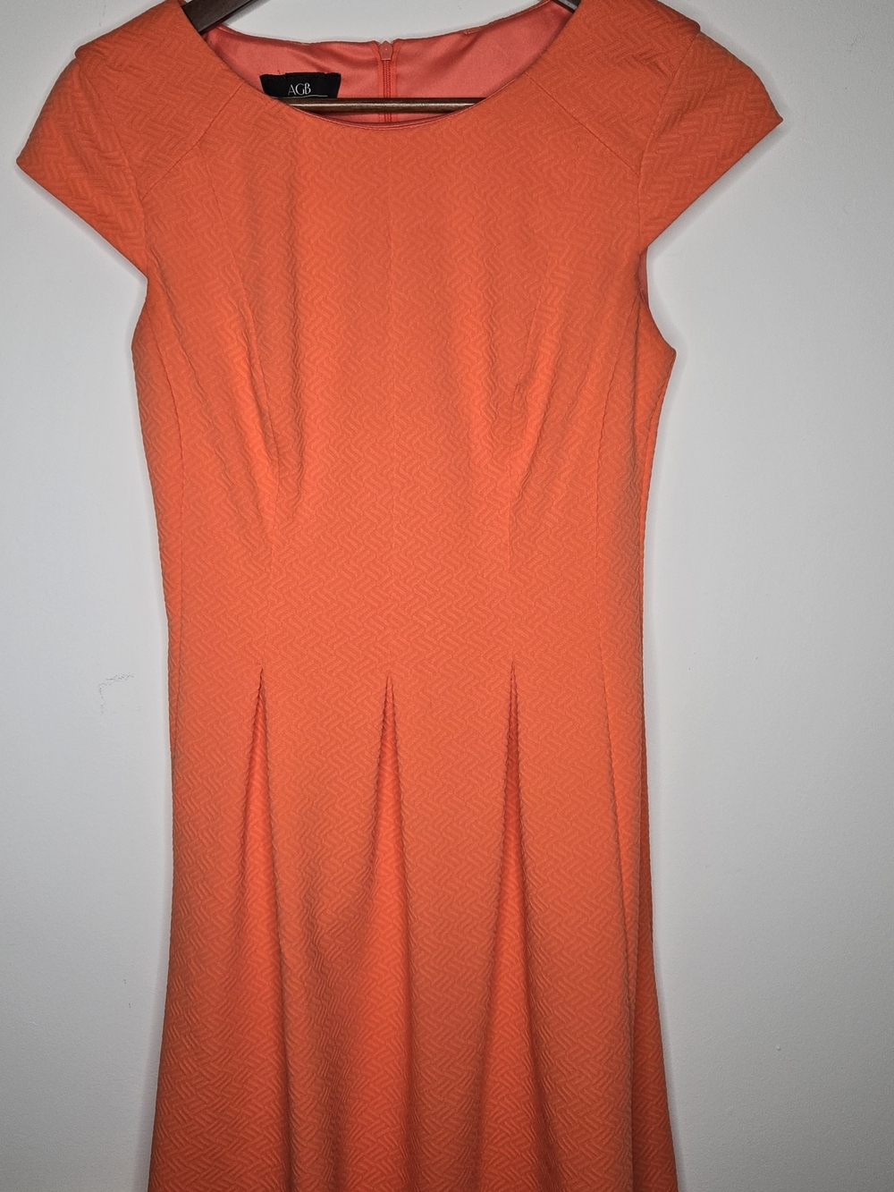 AGB Coral-Orange Textured Fit & Flare Dress - Cap Sleeve Pleated Skater Mini -4
